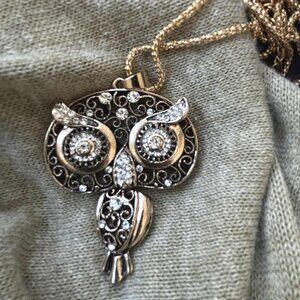 Betsey Johnson Antique-Gold Pavé Filigree  Articulated Owl Pendant Necklace – OS